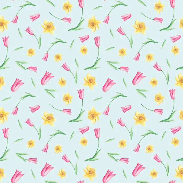 Seamless Watercolor Pattern Narcissus Tulips Blue Background Can Used Fabric — Stock Photo, Image
