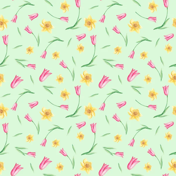 Seamless Watercolor Pattern Narcissus Tulips Green Background Can Used Fabric — Stock Photo, Image