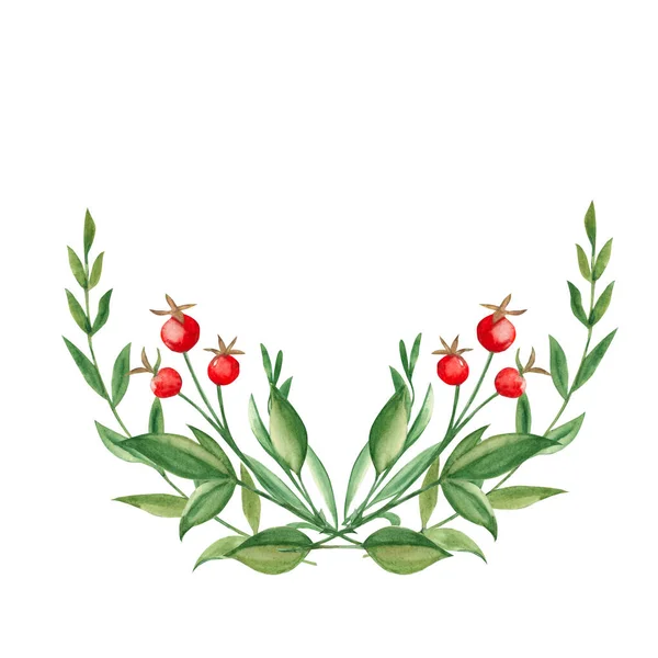 水彩缤纷的夏季绿枝和红色浆果的花束 植物学手绘插图 可用于贺卡 花卉设计 — 图库照片
