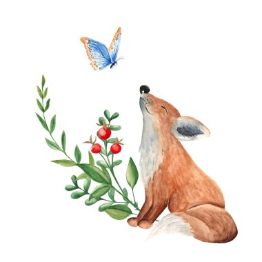 Kelebekli, yeşil dallı ve kırmızı böğürtlenli şirin yavru tilki. Beyaz arka planda izole edilmiş suluboya el çizimi. Tebrik kartları, davetiyeler, bebek posterleri, kıyafetler için kullanılabilir.