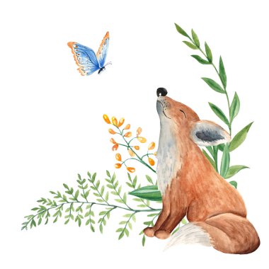 Kelebekli, yeşil dallı ve kır çiçekli şirin yavru tilki. Köşedeki kompozisyon. Beyaz arka planda izole edilmiş suluboya el çizimi. Kutlama kartları, davetiyeler, bebek için kullanılabilir