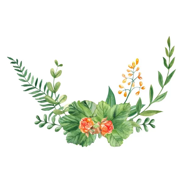 Akvarel Letní Kytice Věnce Mramoru Zelené Větve Divoké Květiny Botanické — Stock fotografie