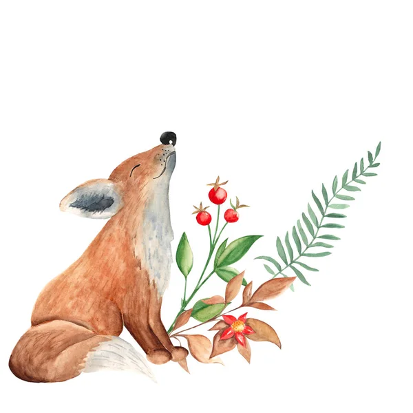 Roztomilá Liška Zelené Hnědé Větve Červené Bobule Složení Lesa Akvarel — Stock fotografie