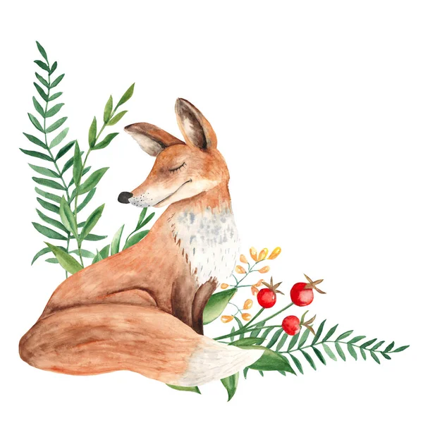 Liška Zelenými Větvemi Červené Bobule Divoké Květiny Lesní Skladba Akvarel — Stock fotografie