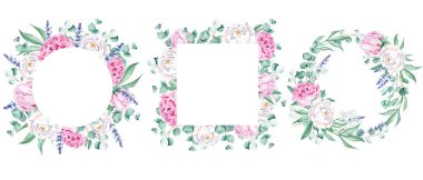 Suluboya şakayık çerçevesi seti. Kare, yuvarlak ve yuvarlak çerçeve, çelenk. Beyaz ve pembe çiçekler, lavanta, okaliptüs ve çingene dalları. Beyaz arka planda el çizimi illüstrasyon. Olabilir.