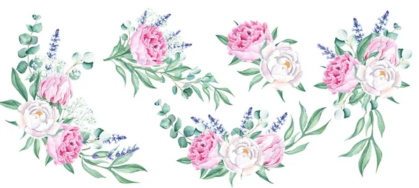 Akvarell Bazsarózsa Csokor Készlet Fehér Rózsaszín Virágok Levendula Eukaliptusz Gypsophila — Stock Fotó