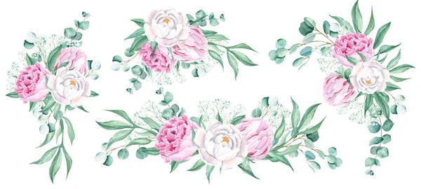 Bukiety Piwonii Akwarelowych Ustawione Ręcznie Rysowane Połączenie Białych Różowych Kwiatów — Zdjęcie stockowe