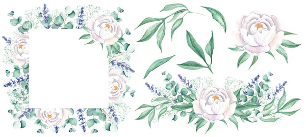 Akvarell Bazsarózsa Készlet Fehér Virágok Levendula Eukaliptusz Gypsophila Ágak Koszorú — Stock Fotó