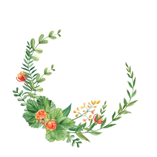 Cloudberry Wreath Leaves Berries Green Branches Yellow Flowers Isolated White — Stock Photo, Image