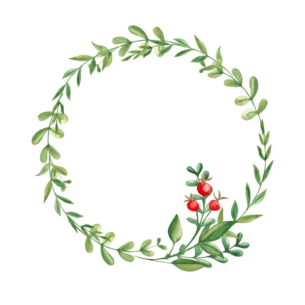 水彩花环 绿枝和红色浆果 手绘框架与野生植物 邀请函 保存日期 标识的插画 — 图库照片