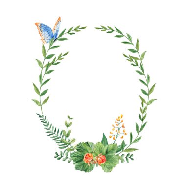 Cloudberry çelengi, yapraklar, böğürtlen, yeşil dallar ve beyaz arka planda mavi kelebekli sarı çiçekler. Suluboya el çizimi çizimi. Tebrik kartları, davetiyeler için, kaydet