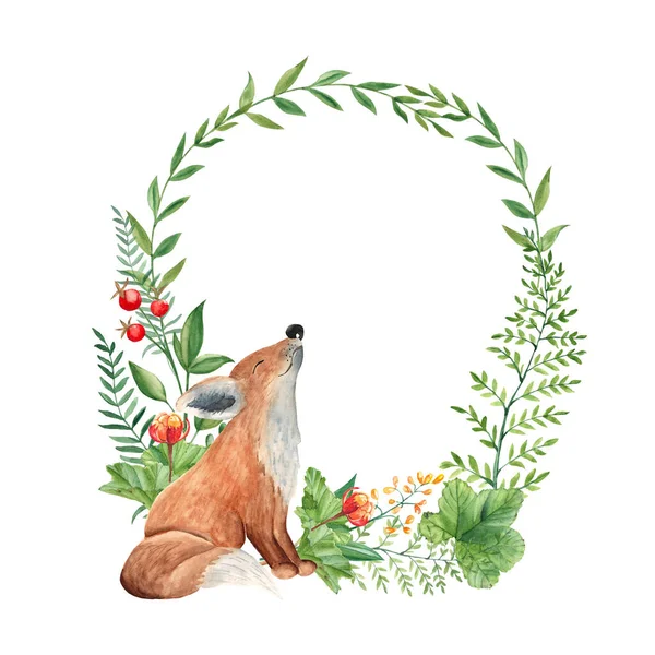 Liščí Akvarel Lesní Lišky Zelenými Větvemi Listy Kapradinami Bobulemi Červenými — Stock fotografie