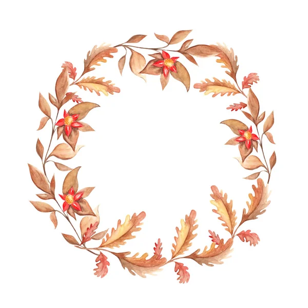 水彩缤纷的秋天花环 有橡树叶 枝条和红花 白色背景上的手绘框架 邀请函 保存日期 标识的插画 — 图库照片