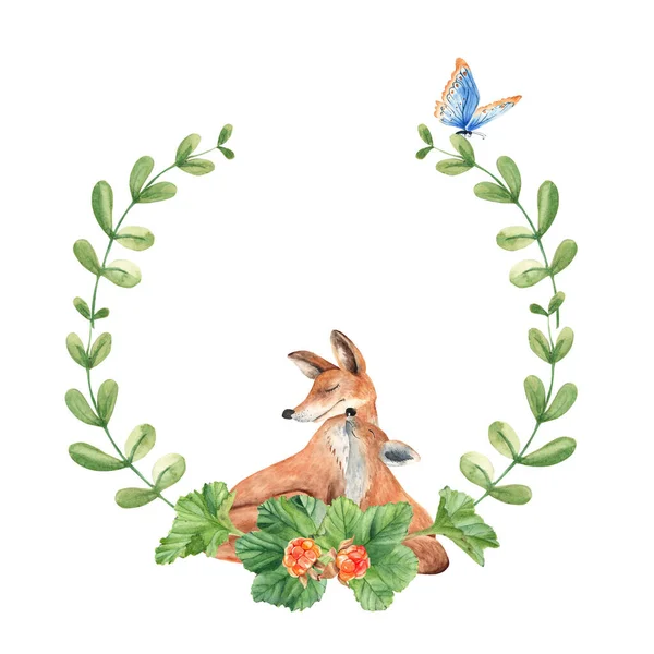 아기와 여우는 가지와 잎사귀 진들딸기와 나비로 화환을 부린다 아기방에 꽃무늬 — 스톡 사진