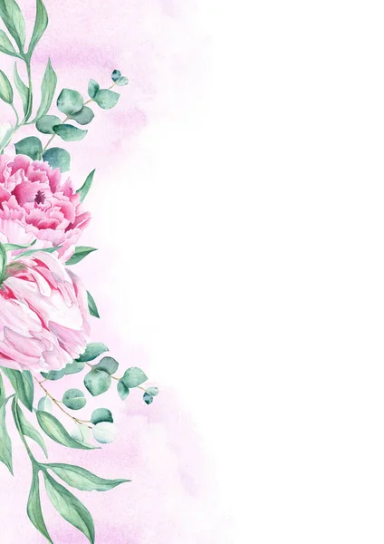 Квіткова Фонова Листівка Шаблон Запрошення Весілля Рожевими Півоніями Евкаліптом Фіолетово — стокове фото