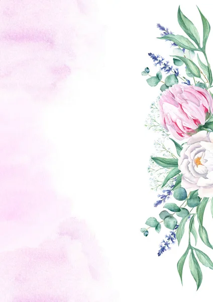 Virágos Háttérkártya Esküvői Meghívó Sablon Fehér Rózsaszín Bazsarózsa Levendula Cigány — Stock Fotó