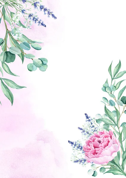 Virágos Háttérkártya Esküvői Meghívó Sablon Rózsaszín Bazsarózsa Levendula Cigány Eukaliptusz — Stock Fotó