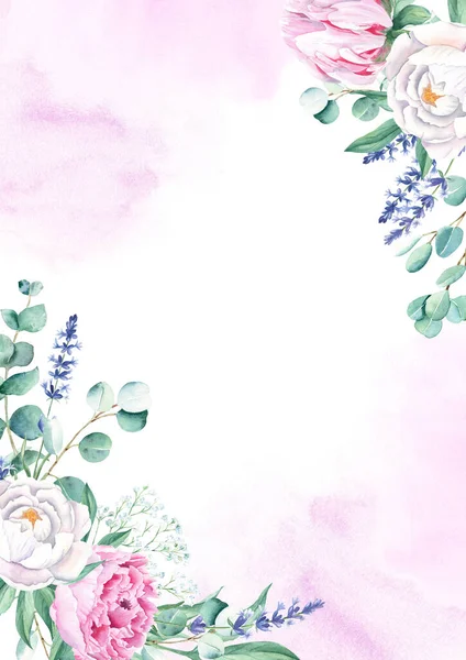 Квіткова Фонова Листівка Шаблон Запрошення Весілля Білими Рожевими Півоніями Лавандою — стокове фото