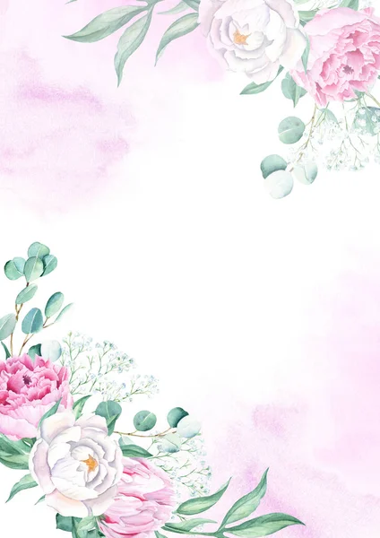 花背景卡 婚宴请柬模板与白色和粉色牡丹 吉普赛和桉树 紫色粉红色水彩画 保存日期 海报和封面设计 — 图库照片