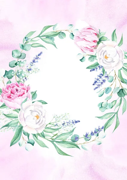Carte Fond Floral Modèle Invitation Mariage Avec Couronne Circulaire Pivoines — Photo