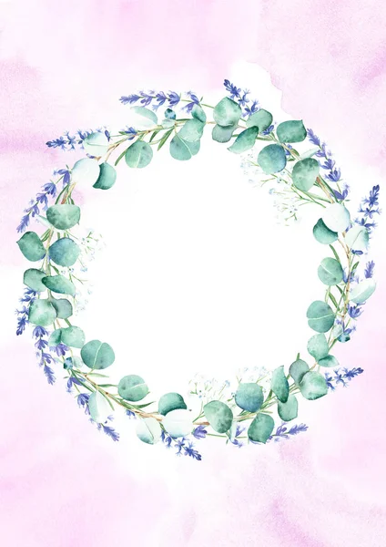 Çiçek Arkaplan Kartı Çember Çelenk Lavanta Çingene Okaliptüs Desenli Mor — Stok fotoğraf