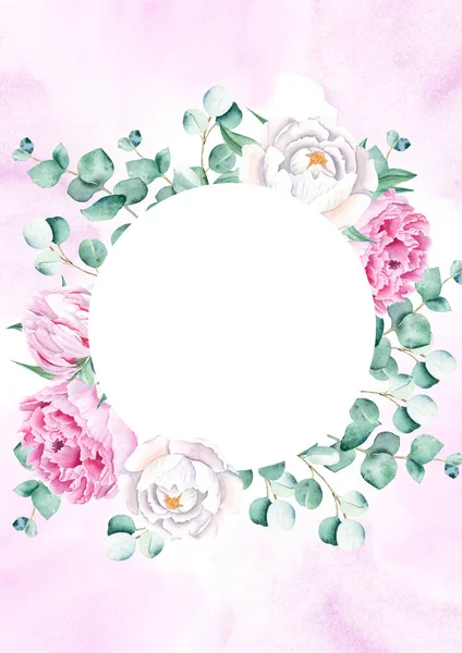 花背景卡 婚宴请柬模板与圆形花环 白色和粉色牡丹 紫色水彩斑斓 保存日期 贺卡和封面设计 — 图库照片