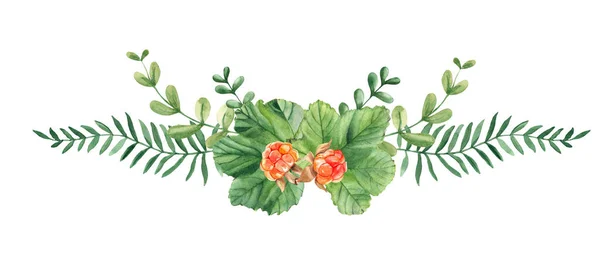 Akvarel Věnec Letní Kytice Izolované Bílém Pozadí Listy Brusinek Bobule — Stock fotografie