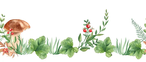 Vodorovné Akvarel Les Bezešvné Okraje Vzor Žampiony Porcini Zelené Listy — Stock fotografie