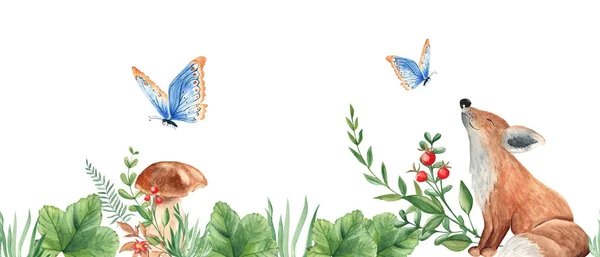 Vodorovné Akvarel Les Bezešvné Okraje Vzor Liška Houby Porcini Zelené — Stock fotografie