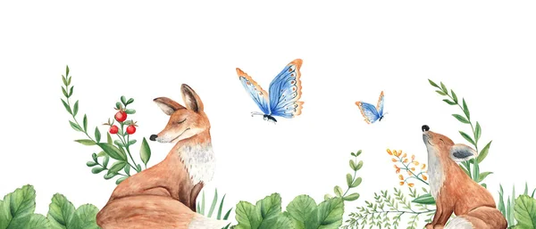 Vodorovné Akvarel Les Bezešvné Okraje Vzor Kojenecká Matečná Liška Porcini — Stock fotografie