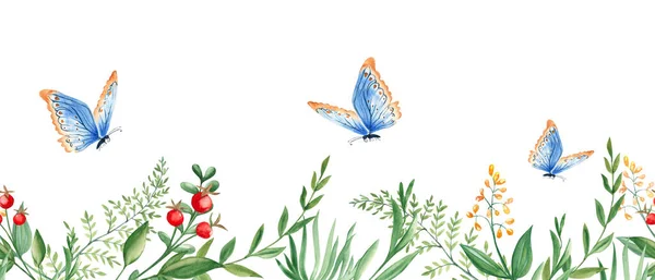 Vodorovné Akvarel Les Bezešvné Okraje Vzor Zelené Listy Větve Červené — Stock fotografie
