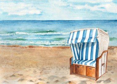 Baltık sahili ve kapüşonlu plaj sandalyesi Strandkorb. Ostsee Panorama 'da. Güneşli hava, bulutlu mavi gökyüzü. El çizimi suluboya çizimi. El çizimi suluboya çizimi. Kartlar, posterler için.
