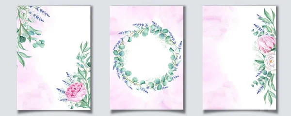 Набір Квіткових Фонових Карт Шаблони Весільних Запрошень Білими Рожевими Півоніями — стокове фото