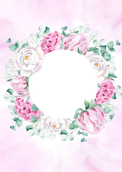 Virágos Háttérkártya Esküvői Meghívó Sablon Kör Koszorú Fehér Rózsaszín Bazsarózsa — Stock Fotó