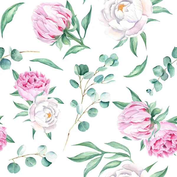 Seamless watercolor pattern with white and pink peonies, eucalyptus branches on white background. Can be used for wedding prints, gift wrapping paper, kitchen textile and fabric prints