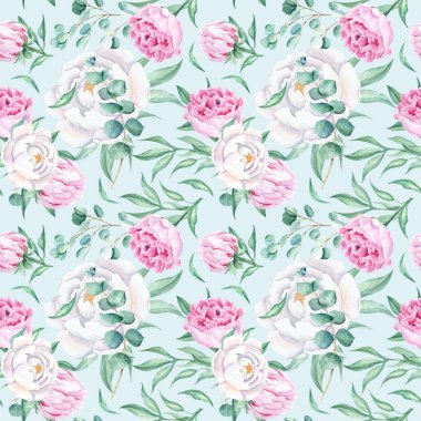 Beyaz ve pembe şakayıklı kusursuz suluboya deseni, mavi arka planda okaliptüs dalları. Düğün baskıları, hediye ambalaj kağıdı, mutfak tekstili ve kumaş baskıları için kullanılabilir.