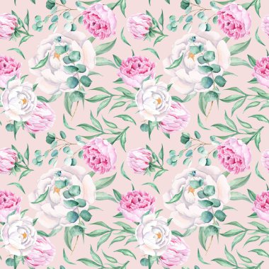 Beyaz ve pembe şakayıklı kusursuz suluboya deseni, pembe arka planda okaliptüs dalları. Düğün baskıları, hediye ambalaj kağıdı, mutfak tekstili ve kumaş baskıları için kullanılabilir.