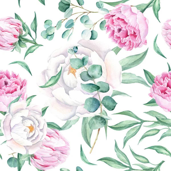Motif Aquarelle Sans Couture Avec Pivoines Blanches Roses Branches Eucalyptus — Photo
