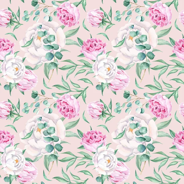 Seamless Watercolor Pattern White Pink Peonies Eucalyptus Branches Pink Background — Stock Photo, Image
