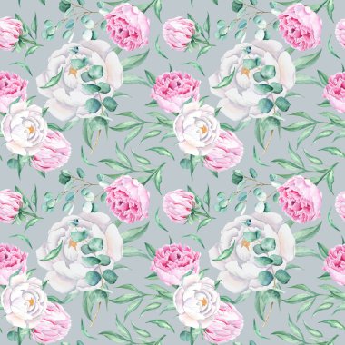 Beyaz ve pembe şakayıklı kusursuz suluboya deseni, gri arka planda okaliptüs dalları. Düğün baskıları, hediye ambalaj kağıdı, mutfak tekstili ve kumaş baskıları için kullanılabilir.