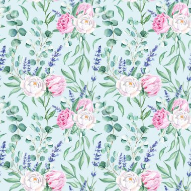 Beyaz ve pembe şakayıklı kusursuz suluboya deseni, okaliptüs ve lavanta dalları mavi arka planda. Düğün baskıları, hediye ambalaj kağıdı, mutfak tekstili ve kumaş baskıları için kullanılabilir.