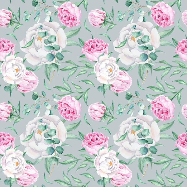 Seamless Watercolor Pattern White Pink Peonies Eucalyptus Branches Grey Background — Stock Photo, Image