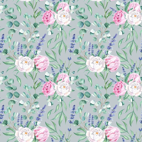 Seamless Watercolor Pattern White Pink Peonies Eucalyptus Lavender Branches Grey — Stock Photo, Image