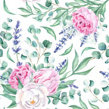 Beyaz ve pembe şakayıklı kusursuz suluboya deseni, okaliptüs ve beyaz arka planda lavanta dalları. Düğün baskıları, hediye ambalaj kağıdı, mutfak tekstili ve kumaş baskıları için kullanılabilir.