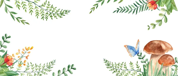 Грибы Porcini Зеленые Ветви Клубника Полевые Цветы Голубая Бабочка Горизонтальный — стоковое фото