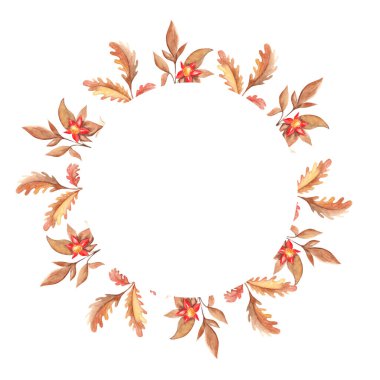 Beyaz zemin üzerinde meşe yaprakları, dallar ve kırmızı böğürtlenler bulunan suluboya sonbahar dairesi orman çerçevesi. El çizimi botanik çizimi. Logo tasarımı için, davet kartı olarak kullanılabilir