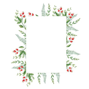 Eğreltiotu ile suluboya orman çerçevesi, yeşil dallar ve beyaz arka planda izole edilmiş kırmızı böğürtlenler. El çizimi botanik çizimi. Logo tasarımı için, doğum günü davetiyesi olarak kullanılabilir