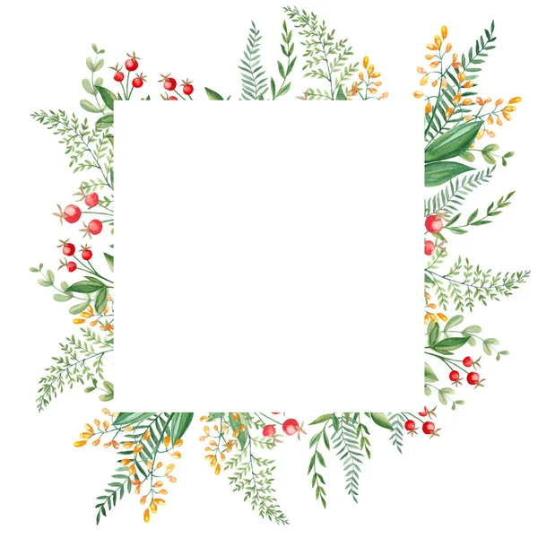 Watercolor Square Forest Frame Fern Green Branches Red Yellow Berries — Stock Photo, Image