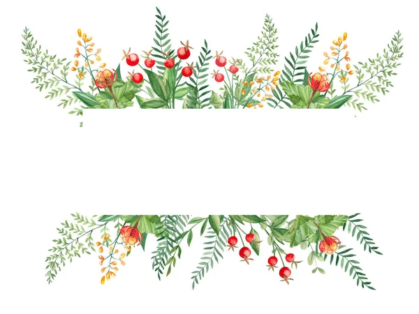 Watercolor Floral Horizontal Frame Cloudberry Leaves Berries Fern Green Branches — Stock Photo, Image