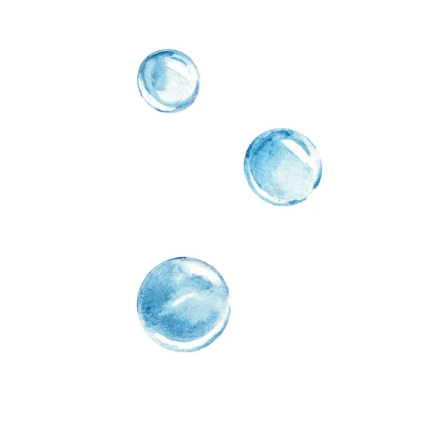 Aquarela Mão Desenhada Luz Azul Bolhas Água Isolado Fundo Branco — Fotografia de Stock